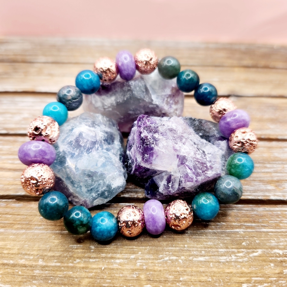 Apatite, Charoite, and Lava Rock Beaded Bracelet
